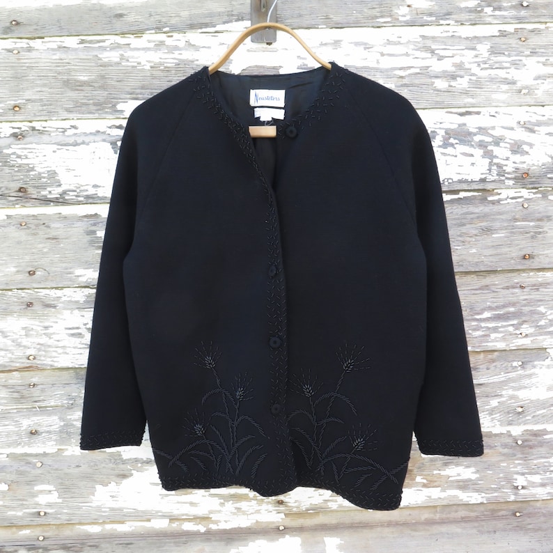 Vintage Black Beaded Wool Cardigan Sweater 1950s 1960s Neusteters Hong Kong Fine Knit 100/% Zephyr Wool Beads Buttons Women/'s Holiday Fashion