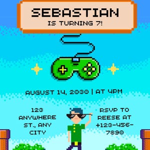 May include: Pixelated birthday invitation with the text "PRESS START TO PARTY" and "SEBASTIAN IS TURNING 7!". Includes date, time, address, and RSVP information. Features a green controller graphic and a pixelated character.
