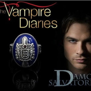 Könnte beinhalten: Ein silberner Ring mit einem blauen, ovalen Mittelteil, der ein Wappenmotiv und den Buchstaben "D" zeigt. Der Ring ist vor einem schwarzen Hintergrund mit dem Text "The Vampire Diaries" und "Damon Salvatore" platziert.