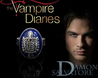 Initiaal Damon Salvatore 'D' familiewapen, antiek zilver, blauwe lapis-ring heren/dames