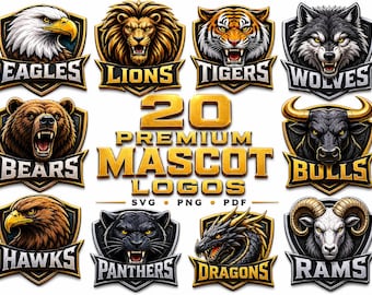 20 Premium Sports Mascot Logos SVG PNG PDF Bundle - Digital Download for T-Shirts & More