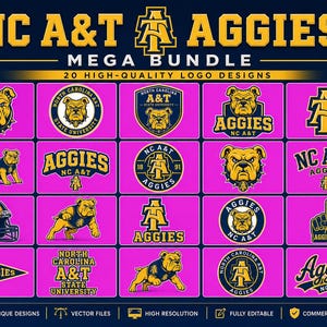May include: A mega bundle of 20 high-quality logo designs for NC A&T Aggies. The logos feature the school's name, bulldog mascot, and various design elements in gold and navy blue on a pink background.