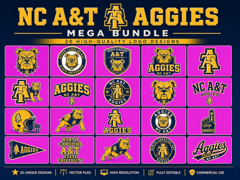 May include: A mega bundle of 20 high-quality logo designs for NC A&T Aggies. The logos feature the school's name, bulldog mascot, and various design elements in gold and navy blue on a pink background.