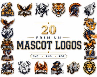Paquete de 20 logotipos premium de mascotas deportivas en formato SVG, PNG y PDF: descarga digital para camisetas y más.