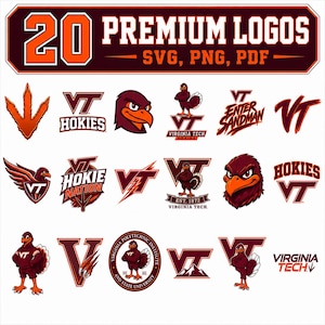 May include: A digital collection of 20 premium logos in SVG, PNG, and PDF formats featuring Virginia Tech and Hokies branding. The graphics include various maroon and orange illustrations of turkeys, the VT monogram, and text-based team logos.