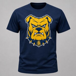May include: Navy blue t-shirt featuring a yellow and blue bulldog graphic. The bulldog has an angry expression and is wearing a blue collar with a yellow letter "A". The shirt is a crew neck and has short sleeves.