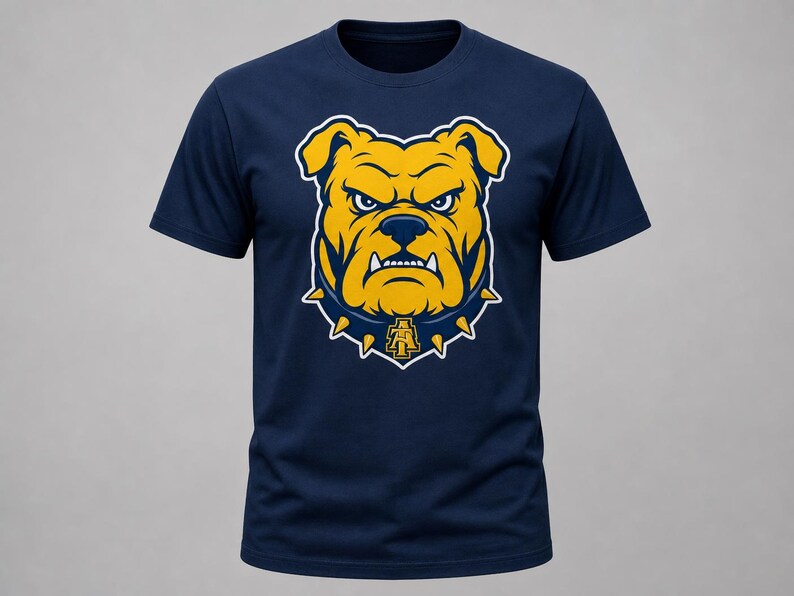 May include: Navy blue t-shirt featuring a yellow and blue bulldog graphic. The bulldog has an angry expression and is wearing a blue collar with a yellow letter "A". The shirt is a crew neck and has short sleeves.