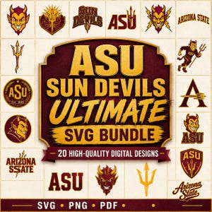 Könnte beinhalten: Ein digitales Design-Paket mit 20 ASU Sun Devils Grafiken in Kastanienbraun und Gold. Der zentrale Text lautet ASU SUN DEVILS ULTIMATE SVG BUNDLE 20 HIGH-QUALITY DIGITAL DESIGNS. Verschiedene Logos, Dreizacksymbole und Maskottchen sind abgebildet.