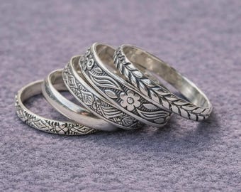 Handmade 925 Sterling Silver Stacking Ring Set Floral Design Jewelry For Women  -Unique Gift for Her
