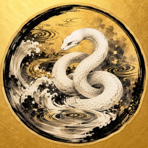 Japanese White Snake Sticker PNG, Sumi Ink Style, Gold Washi Circle, Traditional Japanese Art, Lucky Snake Digital Download
