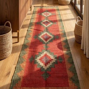 May include: A long rectangular runner rug featuring a vibrant red centre with a repeating geometric diamond pattern in shades of green, white, and purple. The rug has a wide green border with orange accents and dark brown fringe on both ends.