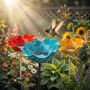 Può includere: Tre vaschette per uccelli a forma di fiore nei colori rosso, turchese e giallo, montate ciascuna su un sottile paletto di metallo. Un colibrì è ritratto in volo vicino alla vaschetta turchese, con gocce d'acqua che schizzano dal centro.