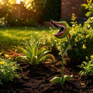 May include: A decorative garden sculpture of a carnivorous plant with a green and red bulbous head featuring sharp teeth and an open mouth, set on a slender green stem with small red-tipped leaves, positioned in dark soil among other plants.