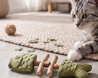 Cats Natural nip Silvervine Fishbone Chew Toy – Wooden Dental Cleaning Stick, Interactive Cat Enrichment Toy for Chewing, Licking Play