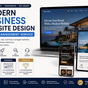 May include: A digital marketing graphic promoting modern business website design and full management services. The image features a laptop, tablet, and smartphone displaying website designs. Text includes "Elevate Your Brand With a Modern Website."
