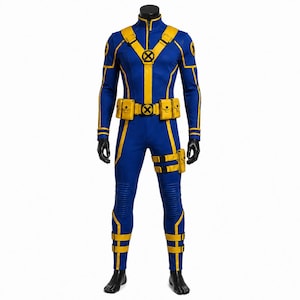 May include: A blue and yellow full-body jumpsuit featuring a high collar, long sleeves, and a front zipper. The suit includes a yellow utility belt with multiple pouches, a yellow chest harness with an X-logo emblem, and yellow leg straps.