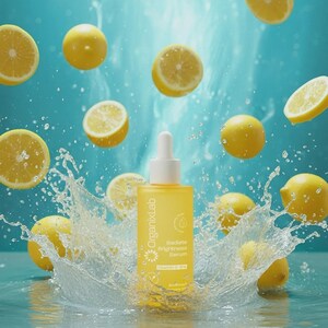 May include: A yellow serum bottle with a white dropper is surrounded by lemons and water splashes against a blue background. The bottle reads "OrganixLab Radiate Brightness Serum Vitamin C B5".