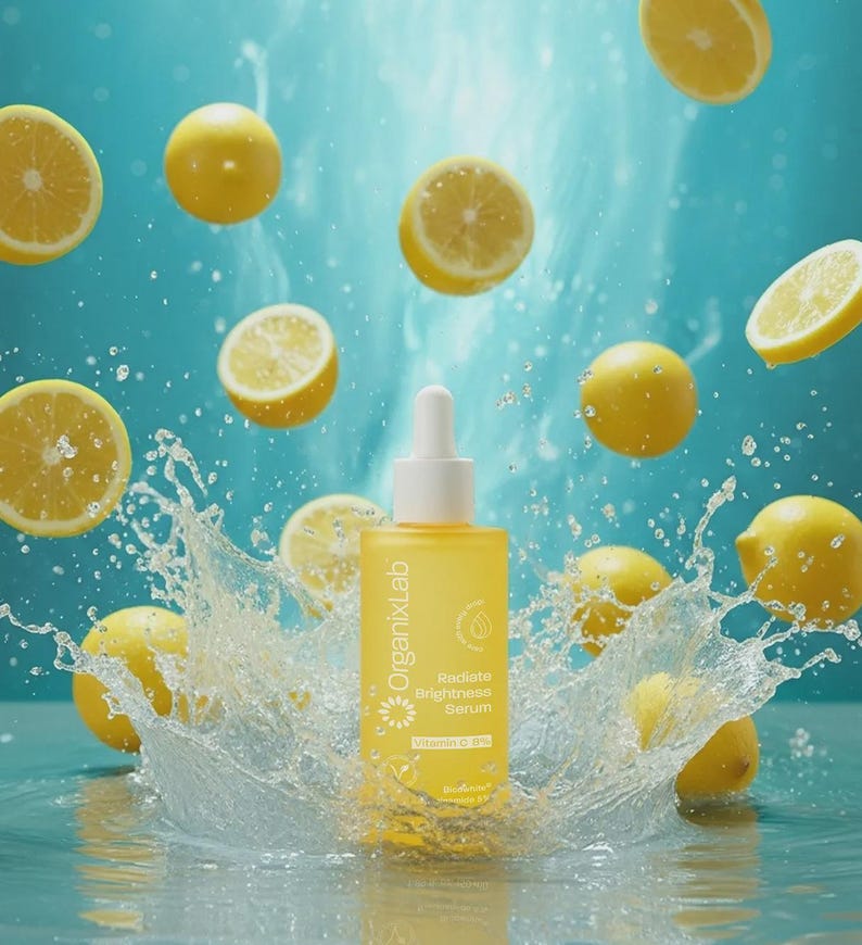 May include: A yellow serum bottle with a white dropper is surrounded by lemons and water splashes against a blue background. The bottle reads "OrganixLab Radiate Brightness Serum Vitamin C B5".