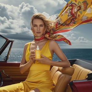 May include: A woman in a yellow dress and headscarf holds a yellow bottle with a dropper. The woman is seated in a red convertible with the ocean and sky in the background. The headscarf is yellow with a red border and a decorative pattern.