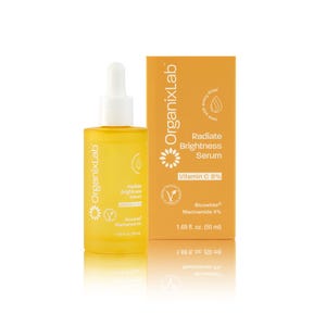 May include: A yellow OrganixLab Radiate Brightness Serum bottle and box. The serum bottle has a white dropper and the box has the text "Radiate Brightness Serum Vitamin C 8%" and "Bicowhite Niacinamide 5%" and "1.69 fl. oz. (50 ml)".