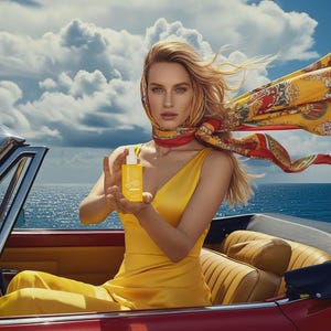 May include: A woman in a yellow dress and headscarf holds a yellow bottle with white text. The woman is seated in a red convertible with a blue ocean and cloudy sky in the background. The bottle appears to be a skincare product.