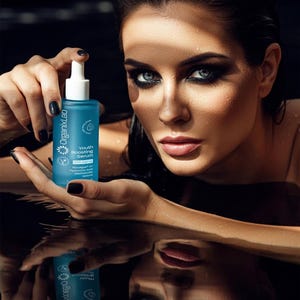 May include: A teal bottle of OrganixLab Youth Boosting Serum held in front of a woman's face. The bottle has a white dropper and white text. The woman has dark hair, dark eye makeup, and black nail polish. The background is dark.