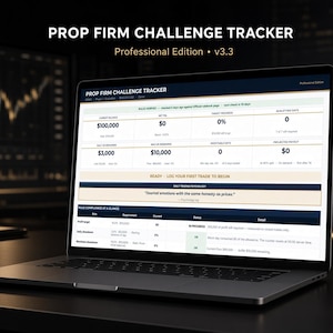 Könnte beinhalten: Ein Laptop mit der Softwareoberfläche Prop Firm Challenge Tracker Professional Edition v3.3. Der Bildschirm zeigt Finanzdaten, darunter ein Guthaben von 100.000 $, tägliche Drawdowns und Gewinnziele in einem dunkelblauen und weißen Farbschema.