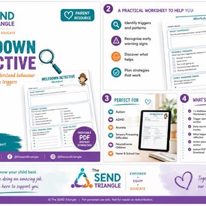 May include: A digital resource kit titled The Send Triangle Meltdown Detective, featuring a printable worksheet with sections for identifying triggers, warning signs, and strategies. Includes icons, text, and a magnifying glass graphic.