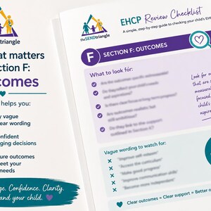 May include: A printed document titled EHCP Review Checklist, featuring the SENDtriangle logo. The page includes sections on Section F: Outcomes, with bulleted lists, a magnifying glass icon, and text boxes explaining how to identify vague wording.