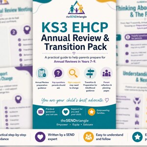 May include: A teal and white guide titled "KS3 EHCP Annual Review & Transition Pack" with the text "A practical guide to help parents prepare for Annual Reviews in Years 7-9." The guide includes icons and text about annual review preparation, key questions, and transition guidance.