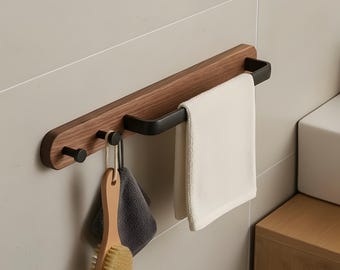 Modern Wooden Towel Rack with Hooks – Minimalist Bath Storage Organizer