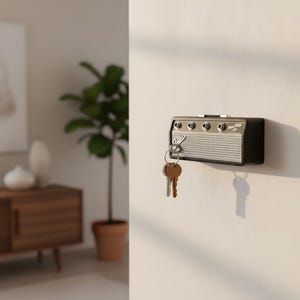 May include: A black key holder shaped like a vintage amplifier, mounted on a white wall. The key holder has silver-colored knobs and a speaker grill design. A set of keys hangs from the key holder.