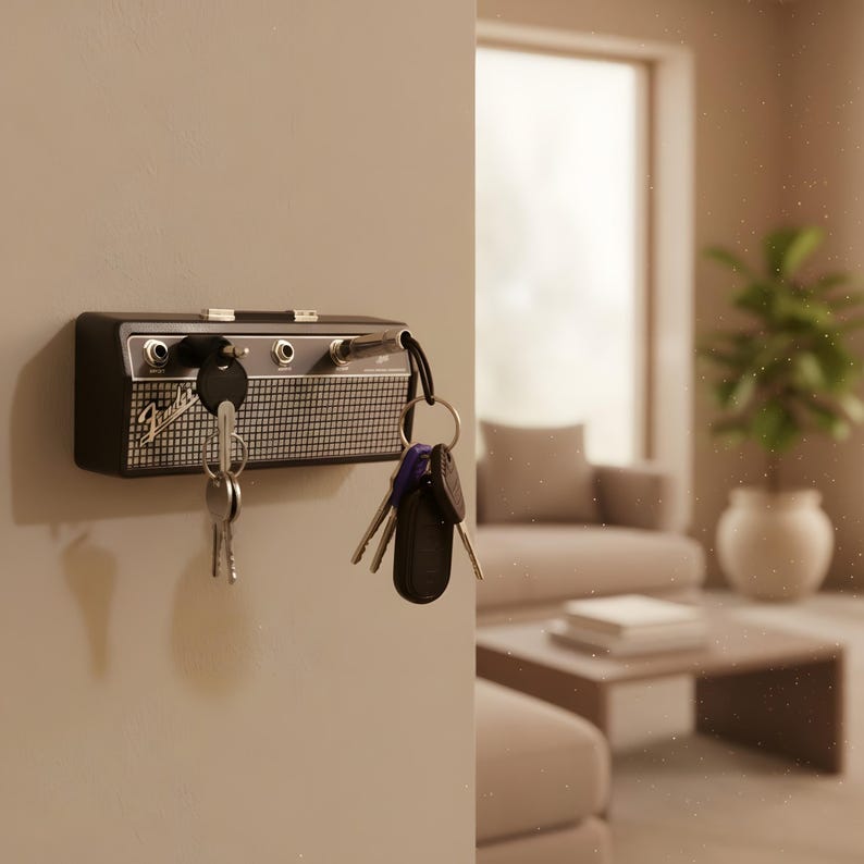 May include: Black and silver key holder shaped like a vintage amplifier, mounted on a wall. The key holder has a speaker grill design and the Fender logo. Several keys hang from the key holder.