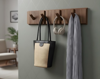 Modern Wood Wall Coat Rack, Minimalist Entryway Organizer, Rustic Wooden Hooks