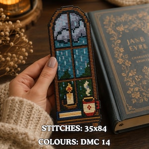 Korsstygnsmönster med bokmärken i regnigt fönster, Cozy Cottagecore Bookish-broderi (PDF-nedladdning)