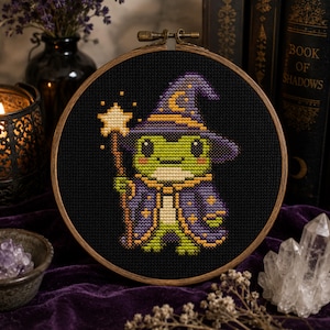 Zauberfrosch-Kreuzstichmuster, Fantasy-Stickvorlage (PDF), Cottagecore-Halloween-Dekoration (Digitaler Download)