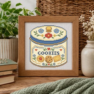 Biscuit Tin Cross Stitch Pattern, Vintage Cottagecore Cookie Retro Kitchen Baking Embroidery (PDF Download)