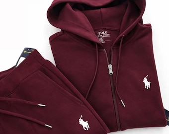 Men's Polo Ralph Lauren Burgundy Sweat suit Hoodie Joggers Printed Logo Fleece Tracksuit Streetwear