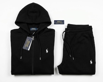 Mens Polo Ralph Lauren Black Sweatsuit Hoodie Joggers Printed Logo Fleece Tracksuit Polo Streetwear
