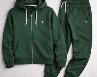 Men's Green Fleece Tracksuit Zipper Hoodie Sweatpants Polo Style Streetwear Set