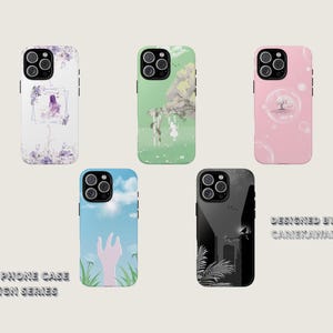 May include: Five phone cases with unique designs. The cases feature various illustrations, including a girl with purple flowers, a couple under a tree, a pink bubble design, a hand reaching for the sky, and a black and white landscape. Text on the cases reads "BLF PHONE CASE DESIGN SERIES".