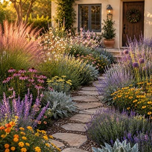 May include: A stone pathway winds through a vibrant garden featuring purple lavender, pink coneflowers, yellow yarrow, and orange lantana. The path leads toward a house with a wooden door and a wreath, illuminated by warm, golden sunset light.