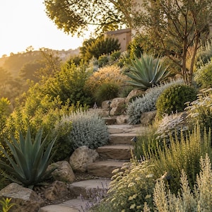 Puede incluir: Una escalera de piedra serpentea a través de un jardín con grandes plantas de agave verde, arbustos de tonos plateados y diversas hierbas. El camino está construido con losas de piedra natural planas e irregulares entre rocas y vegetación.