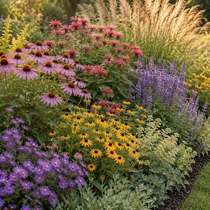 May include: A vibrant garden bed featuring purple coneflowers, yellow black-eyed Susans, tall purple salvia spikes, and pink bee balm flowers. The scene includes feathery ornamental grasses backlit by sunlight, creating a dense, colourful display.