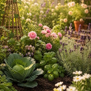 Könnte beinhalten: Eine Gartenszene mit einem großen grünen Kohlkopf, leuchtend grünen Basilikumpflanzen und rosa Rosen. Hohe violette Lavendelstängel stehen neben weißen Gänseblümchen im Vordergrund. Eine hölzerne Rankhilfe ist auf der linken Seite zu sehen.