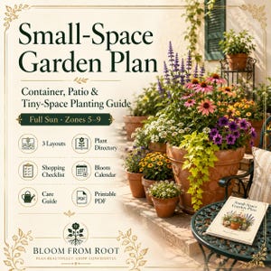 May include: A Small-Space Garden Plan guide featuring text, icons, and a photo of terracotta pots with purple, pink, and yellow flowers. The document includes a plant directory, shopping checklist, bloom calendar, care guide, and printable PDF.