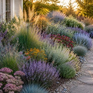 May include: A garden landscape featuring a variety of plants including tall ornamental grasses, purple lavender-like flowers, pink sedum clusters, and small yellow blooms. A stone pathway lined with pebbles runs along the side of the flower bed.