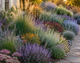 Progetto di giardino resistente alla siccità, bordura rustica a basso consumo idrico e resistente ai cervi, zone 5-9 pieno sole, guida alla piantumazione stampabile in PDF