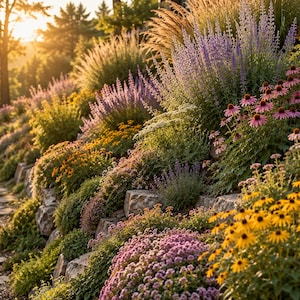 May include: A terraced garden built into a stone retaining wall featuring a variety of plants including purple salvia, yellow black-eyed Susans, pink coneflowers, and ornamental grasses, all illuminated by the warm golden light of a setting sun.