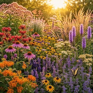 May include: A vibrant garden scene featuring purple coneflowers, orange butterfly weed, tall purple blazing stars, and yellow black-eyed Susans. Several monarch and swallowtail butterflies are perched on the flowers, with bees flying nearby.